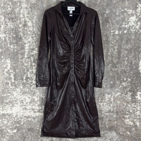 Joseph Ribkoff Sz 6 Mocha Faux Leather Shirt Dress Button-Up Flattering NWT - Picture 1 of 13